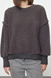 Tarz Relaxed Bisiklet Yaka Düşük Kol Regular Peluş Rahat Kalıp Peluş Örme Sweatshirt