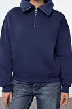Tarz Bol Fermuarlı Yaka Düşük Kol Uzun Kalın İçi Polarlı Fermuarlı Geniş Kalıp Örme Sweatshirt