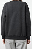 Regular Bisiklet Yaka Standart Kol Regular Basic Fit Baskılı Kalın İçi Polarlı Örme Sweatshirt