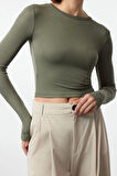 Stil Kadın Viskon Esnek Bluz Crop Örme Slim Kalıp