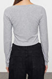 Stil Kadın Düğme Detaylı Fitted Vücuda Oturan Fitilli Esnek Bluz Crop Örme Slim Kalıp