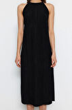 Moda Stil Relaxed Halter Yaka Midi Boy Shift Düz Sıfır Kol Piliseli Örme Elbise