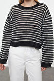 Stil Modern Kadın Regular Standart Kol Bisiklet Yaka Crop Ajurlu Delikli Çizgili Triko Kazak