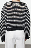 Stil Modern Kadın Regular Standart Kol Bisiklet Yaka Crop Ajurlu Delikli Çizgili Triko Kazak