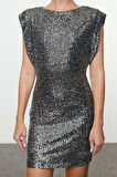 Moda Stil Fitted Bisiklet Yaka Mini Boy Parıltılı Örme Payet Kısa Elbise