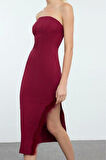 Moda Stil Fitted Straplez Midi Boy Vücuda Oturan Otrişli Dokuma Elbise