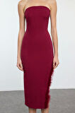 Moda Stil Fitted Straplez Midi Boy Vücuda Oturan Otrişli Dokuma Elbise
