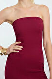 Moda Stil Fitted Straplez Midi Boy Vücuda Oturan Otrişli Dokuma Elbise