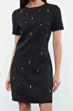 Moda Stil Regular Bisiklet Yaka Mini Boy Shift Düz Kalıp Taş İşlemeli Dokuma Elbise