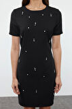 Moda Stil Regular Bisiklet Yaka Mini Boy Shift Düz Kalıp Taş İşlemeli Dokuma Elbise