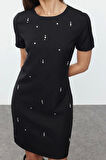 Moda Stil Regular Bisiklet Yaka Mini Boy Shift Düz Kalıp Taş İşlemeli Dokuma Elbise