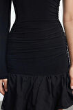Moda Stil Fitted Asimetrik Yaka Mini Boy Tek Kol Balon Etek Detaylı Dokuma Kısa Şık Abiye Elbise