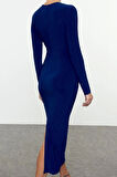 Moda Fitted Midi Boy Vücuda Oturan Pencere Cut Out Detaylı Örme Drapeli Şık Abiye Elbise