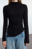 Stil Kadın Fitted Büzgü Drape Detaylı Bluz Crop Örme Slim Kalıp