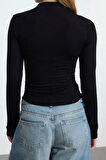 Stil Kadın Fitted Büzgü Drape Detaylı Bluz Crop Örme Slim Kalıp