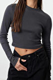 Stil Kadın Yıkamalı Fitted Vücuda Oturan Fitilli Esnek Bluz Crop Örme Slim Kalıp