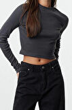 Stil Kadın Yıkamalı Fitted Vücuda Oturan Fitilli Esnek Bluz Crop Örme Slim Kalıp
