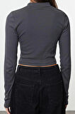 Stil Kadın Yıkamalı Fitted Vücuda Oturan Fitilli Esnek Bluz Crop Örme Slim Kalıp