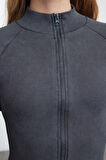 Stil Kadın Yıkamalı Fermuarlı Fitted Vücuda Oturan Fitilli Esnek Bluz Regular Örme Slim Kalıp