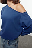 Tarz Bol Asimetrik Yaka Düşük Kol Uzun Geniş Kalıp asimetrik Yaka Kalın Örme Sweatshirt