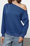 Tarz Bol Asimetrik Yaka Düşük Kol Uzun Geniş Kalıp asimetrik Yaka Kalın Örme Sweatshirt