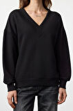 Tarz Bol V Yaka Düşük Kol Uzun Geniş Kalıp Kalın V yaka Örme Sweatshirt
