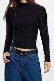 Stil Kadın Büzgü Drape Detaylı Vücuda Oturan Bluz Regular Örme Fitted Kalıp