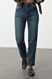 Stil Kadın Moda Denim Kot Pantolon Uzun Boru Paça Gece Mavisi Yüksek Bel Straight Fit Jeans