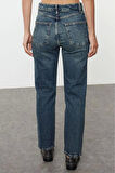 Stil Kadın Moda Denim Kot Pantolon Uzun Boru Paça Gece Mavisi Yüksek Bel Straight Fit Jeans