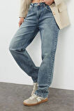Stil Kadın Moda Denim Kot Pantolon Regular Boru Paça Mavi Soluk Vintage Normal Bel Straight Jeans
