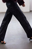 Stil Kadın Moda Denim Kot Pantolon Uzun Geniş Paça Leopar Varak Baskılı Yüksek Bel Jeans