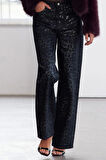 Stil Kadın Moda Denim Kot Pantolon Uzun Geniş Paça Leopar Varak Baskılı Yüksek Bel Jeans