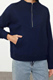 Relaxed Fermuarlı Yaka Düşük Kol Regular Rahat Kalıp Fermuarlı Cep Detaylı Örme Sweatshirt