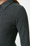 Moda Stil Fitted Polo Yaka Maxi Boy Düz Bodycone Vücuda Oturan Dokulu Düğme Detaylı Örme Elbise