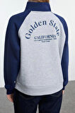 Tarz Bol Fermuarlı Yaka Düşük Kol Uzun Slogan Baskılı Kalıp Reglan Kol Örme Sweatshirt