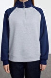 Tarz Bol Fermuarlı Yaka Düşük Kol Uzun Slogan Baskılı Kalıp Reglan Kol Örme Sweatshirt