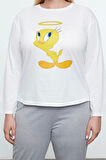 Tarz Rahat Büyük Beden Uzun Kollu Boru Paça Tweety Örme Pijama Takımı