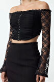 Stil Kadın Agraflı Dantel Bluz Crop Örme Fitted Kalıp