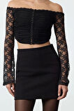 Stil Kadın Agraflı Dantel Bluz Crop Örme Fitted Kalıp