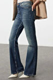 Stil Kadın Moda Denim Kot Pantolon Uzun İspanyol Paça Mavi Soluk Vintage Yüksek Bel Jeans
