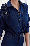 Moda Stil Regular Gömlek Yaka Regular Boy Limited Edition Gül Detaylı Denim Elbise