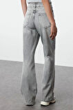 Stil Kadın Moda Denim Kot Pantolon Uzun Geniş Paça Gri Yüksek Bel Jeans