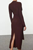 Moda Stil Fitted V Yaka Midi Boy Vücuda Oturan Örme Elbise