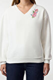 V Yaka Düşük Kol Çiçek Nakışlı normal Kalıp V Yaka Kalın İçi Polarlı Örme Sweatshirt