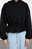 Oversize Kapüşonlu Balon Kol Regular Geniş Büzgü Detaylı kalın İçi Polarlı Örme Sweatshirt