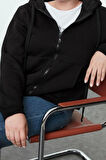 Büyük Beden Oversize Kapüşonlu Düşük Kol Regular İçi Polarlı Önü Fermuarlı Örme Sweatshirt