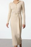 Moda Stil Regular Polo Yaka Midi Boy Kuşaklı Triko Elbise