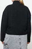 Büyük Beden Tarz Regular Dik Yaka Düşük Kol Crop Fermuarlı Selanik İnce Örme Sweatshirt