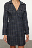 Moda Stil Regular Gömlek Yaka Mini Boy Ekose A Kesim Kruvaze Yaka Kışlık Dokuma Elbise