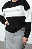Büyük Beden Oversize Bisiklet Yaka Düşük Kol Kalın İçi Polarlı Nakış Detaylı Örme Sweatshirt